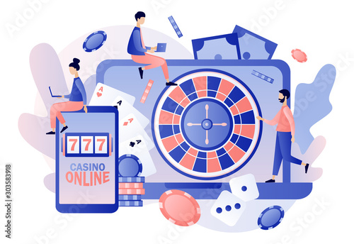 Internet Casino and Gambling Concept. Tiny people gaming online gambling games. People play online Poker, Roulette, Slot Machine. Modern flat cartoon style. Vector illustration