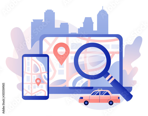 GPS navigation concept. Taxi service. Search on location. Online map. We have moved. Modern flat cartoon style. Vector illustration