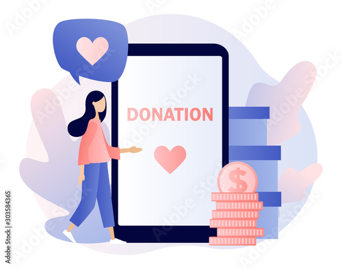 Donation and volunteers work concept. Girl help charity and sharing hope. Modern flat cartoon style. Vector illustration