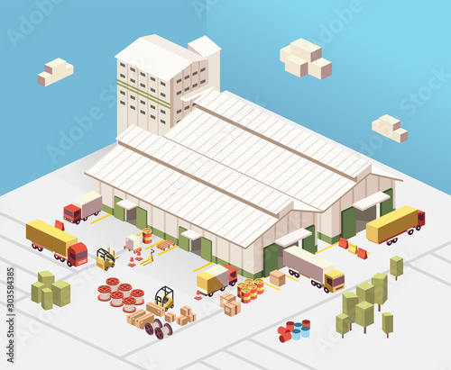 isometric 3D illustration of industrial factory and warehouse logistic building, set icon of industrial warehouse for infographic, diagram and other graphic assets photo