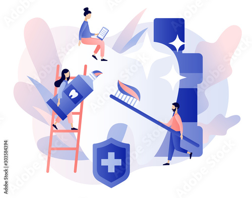 Dental clinic concept. Stomatology and orthodontics medical center. Dental care. Teeth treatment, protect and cleaning teeth. Modern flat cartoon style. Vector illustration