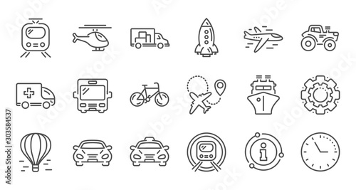 Transport line icons. Taxi, Helicopter and Train. Airplane linear icon set. Quality line set. Vector