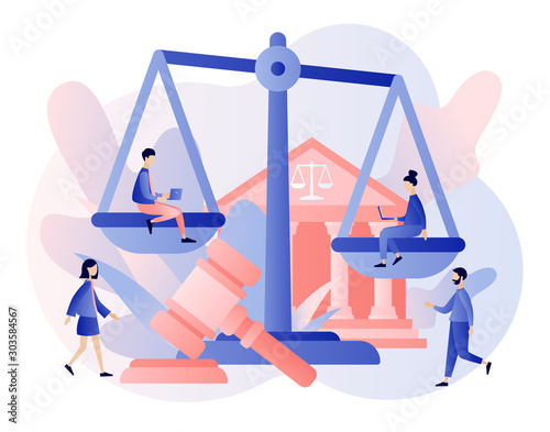 Law and Justice Concept. Justice scales, judge building and judge gavel. Supreme court. Modern flat cartoon style. Vector illustration