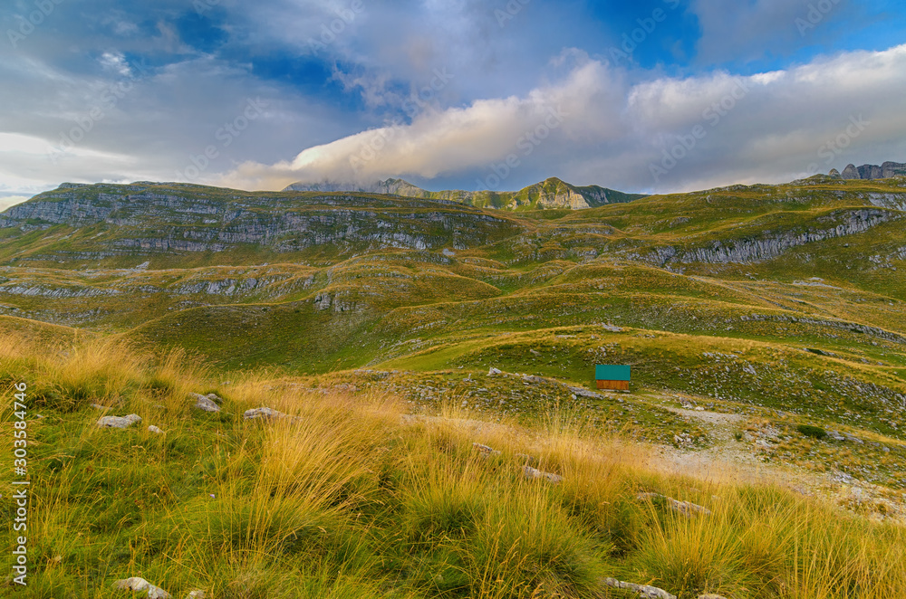 Summer mountaine landscape with cloudy sky. Mountain scenery, National park Durmitor, Zabljak, Montenegro