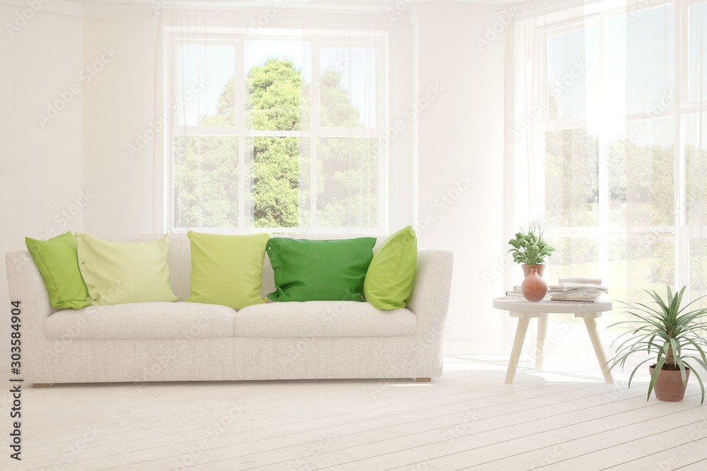 Fototapeta premium Stylish room in white color with sofa and summer landscape in window. Scandinavian interior design. 3D illustration