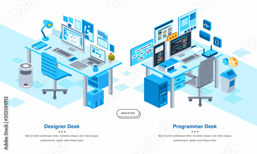 Isometric illustration of comparison between designer and programmer work desk.
