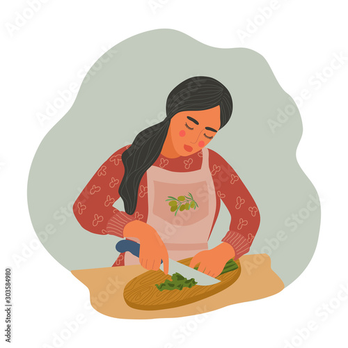 Woman is cooking natural healthy food. Girl in an apron cuts greens into salad. Flat cartoon vector illustration
