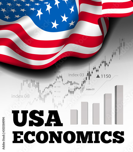 American economics vector illustration with flag of the USA and business chart, bar chart stock numbers bull market, uptrend line graph symbolizes the growth