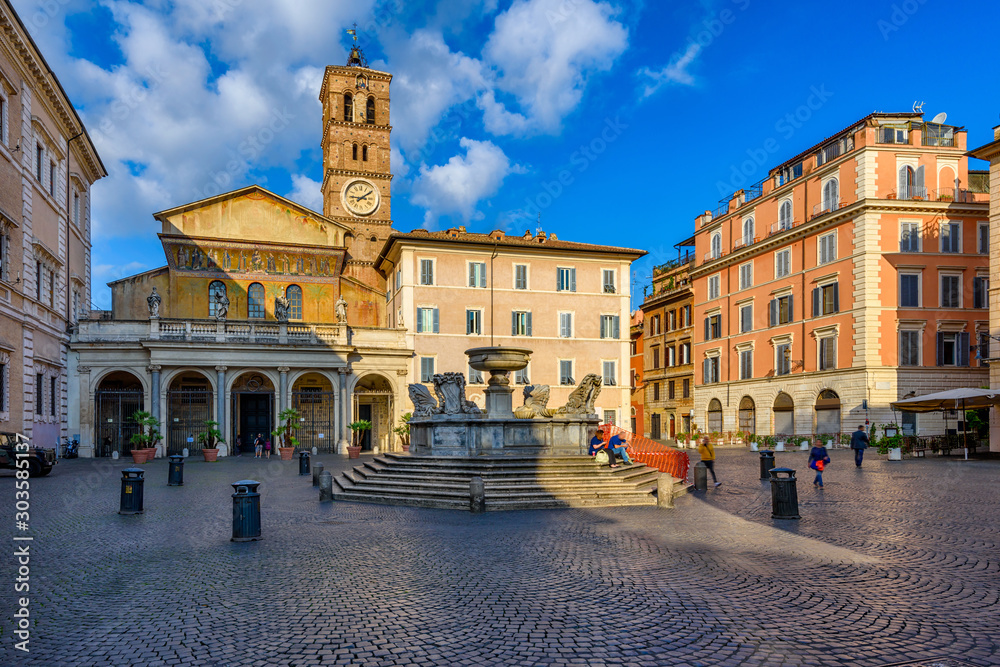 Basilica di Santa Maria in Trastevere and Piazza di Santa Maria in Trastevere, Rome, Italy. Trastevere is rione of Rome, on west bank of Tiber in Rome. Architecture and landmark of Rome