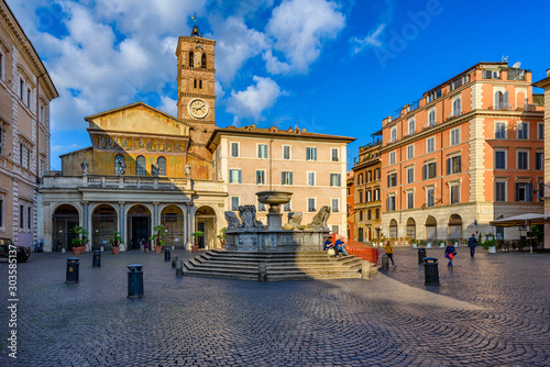 Basilica di Santa Maria in Trastevere and Piazza di Santa Maria in Trastevere, Rome, Italy. Trastevere is rione of Rome, on west bank of Tiber in Rome. Architecture and landmark of Rome
