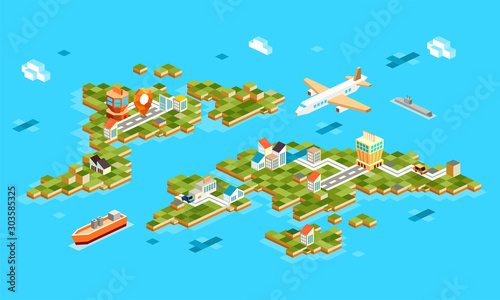 isometric landscapes with airport airplane  building  boat  marine. set of landscape airport in island.3d isometric gps navigation on airport - vector