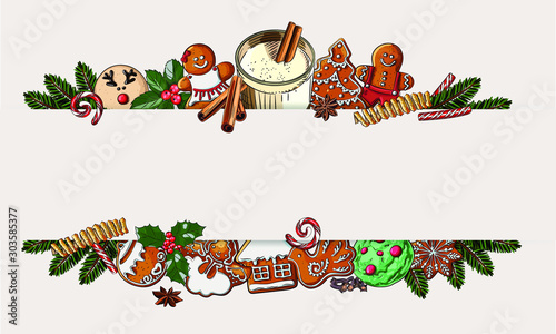 Christmas banner with cookies, eggnog, spices, sweets and orange peels with place for text.