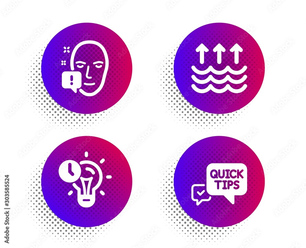 Time management, Face attention and Evaporation icons simple set. Halftone dots button. Quick tips sign. Idea lightbulb, Exclamation mark, Global warming. Helpful tricks. Science set. Vector