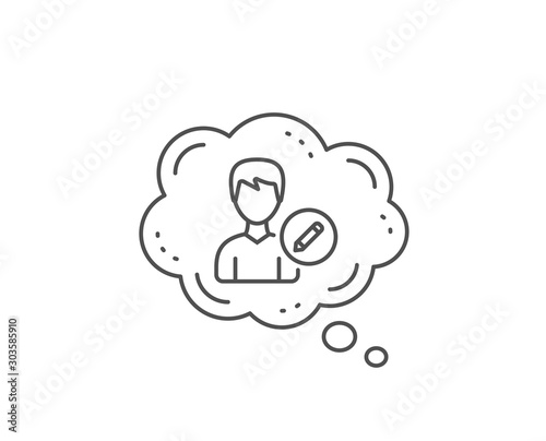 Edit User line icon. Chat bubble design. Profile Avatar with pencil sign. Male Person silhouette symbol. Outline concept. Thin line edit person icon. Vector