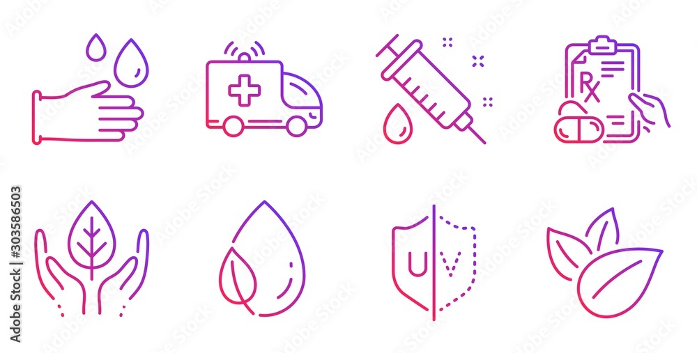 Prescription drugs, Rubber gloves and Uv protection line icons set. Ambulance car, Leaf dew and Fair trade signs. Medical syringe, Organic product symbols. Pills, Hygiene equipment. Vector