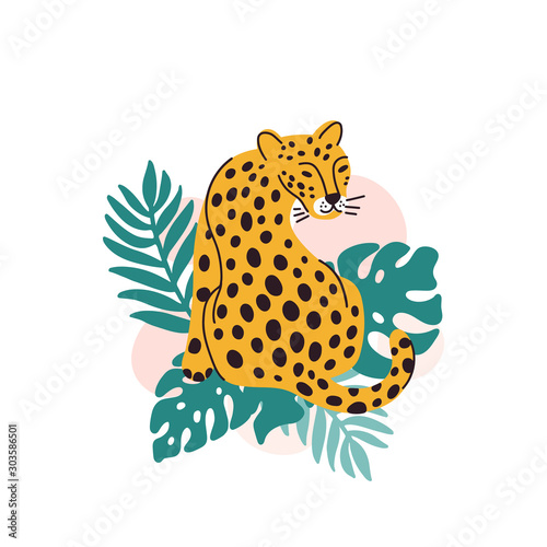 Leopard with palm leaves on a white background. It can be used for sticker, patch, phone case, poster, t-shirt, mug and other design.