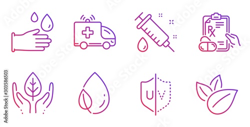 Prescription drugs, Rubber gloves and Uv protection line icons set. Ambulance car, Leaf dew and Fair trade signs. Medical syringe, Organic product symbols. Pills, Hygiene equipment. Vector