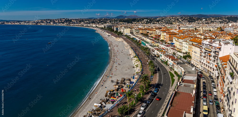 Panoramic aerial view at beaches in Nice, France