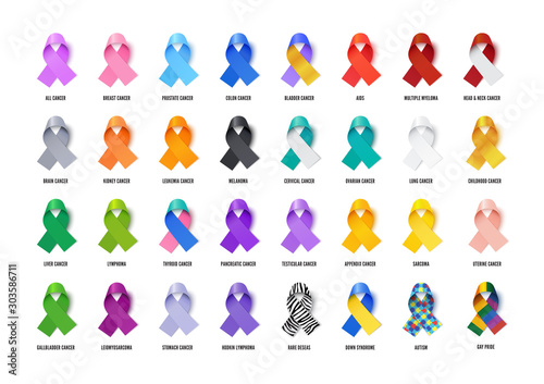Awareness ribbons realistic vector illustrations set. Various medical diseases tolerance, illness solidarity symbols pack. Social support and concern expression signs isolated on white background