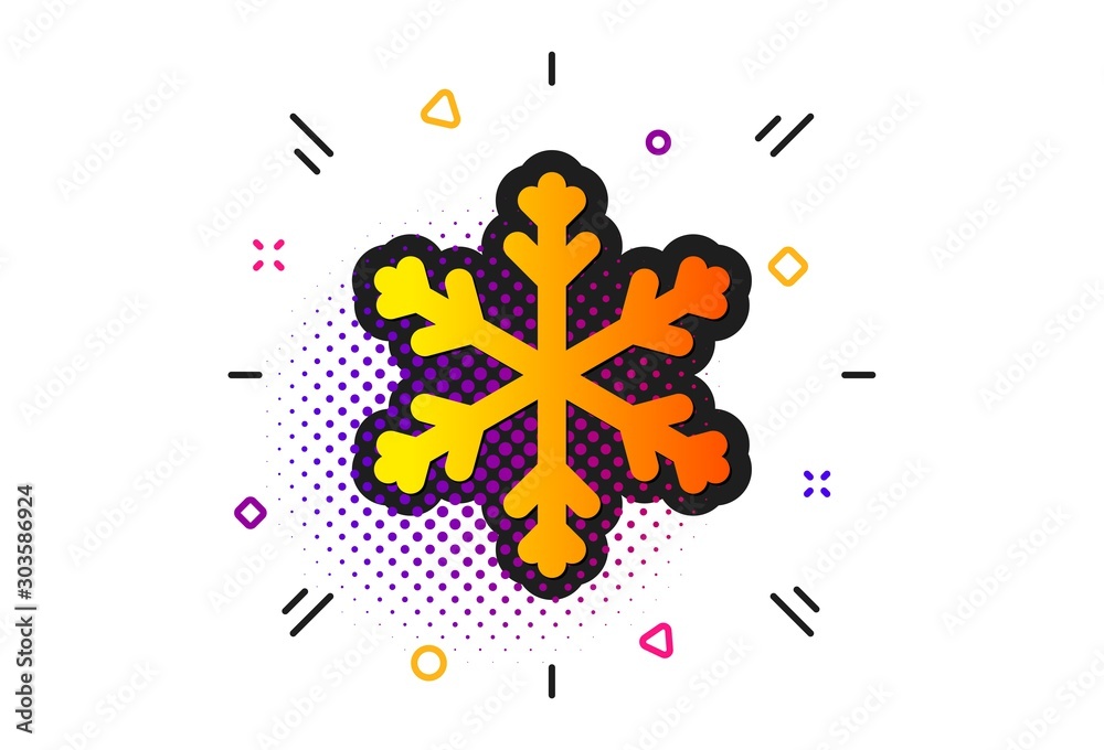 Winter snowflake sign. Halftone circles pattern. Snow weather forecast icon. Air conditioning symbol. Classic flat snowflake icon. Vector Winter snowflake sign. Halftone circles pattern. Snow weather forecast icon. Air conditioning symbol. Classic flat snowflake icon. Vector