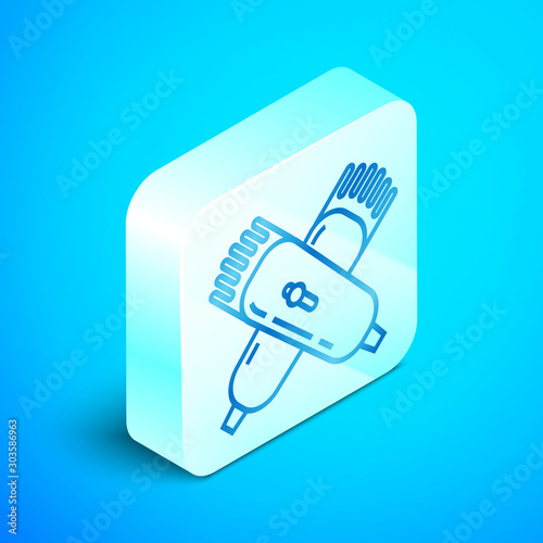 Isometric line Crossed electrical hair clipper or shaver icon isolated on blue background. Barbershop symbol. Silver square button. Vector Illustration