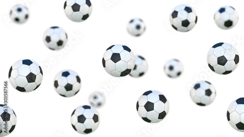 Falling isolated football soccer balls. Close-up and depth of field. 3d rendering illustration