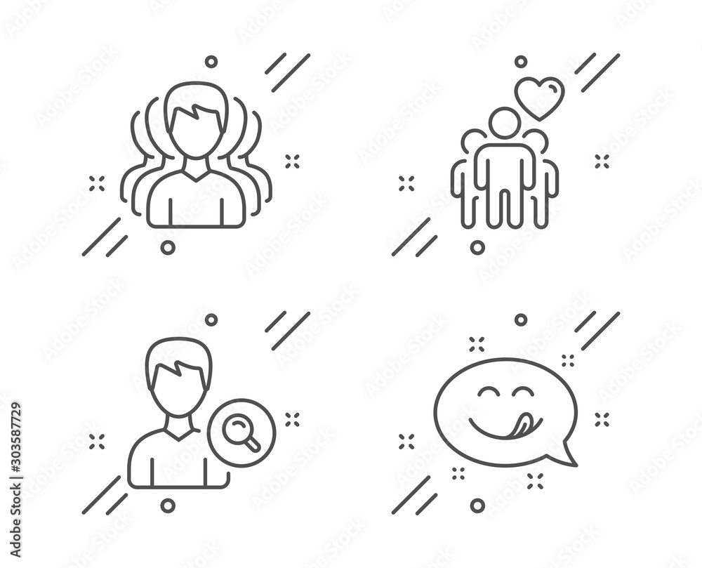 Group, Search people and Friendship line icons set. Yummy smile sign. Headhunting service, Find profile, Trust friends. Emoticon. People set. Line group outline icon. Vector Group, Search people and Friendship line icons set. Yummy smile sign. Headhunting service, Find profile, Trust friends. Emoticon. People set. Line group outline icon. Vector