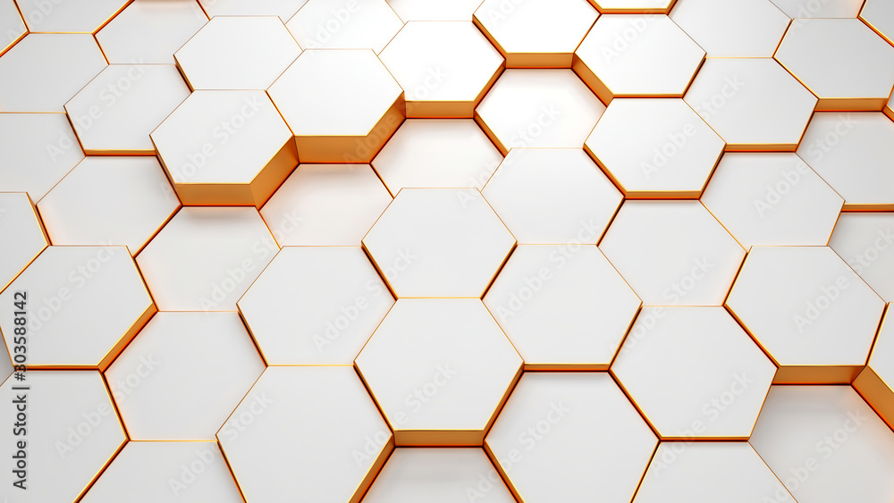Modern hexagonal background texture pattern. Honeycombs at different level. 3d rendering illustration. Futuristic banner.