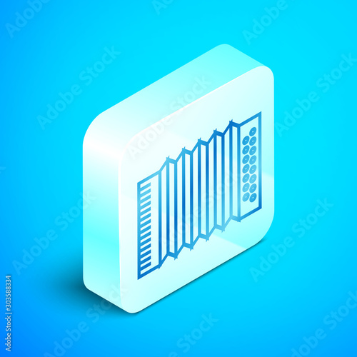Isometric line Musical instrument accordion icon isolated on blue background. Classical bayan, harmonic. Silver square button. Vector Illustration