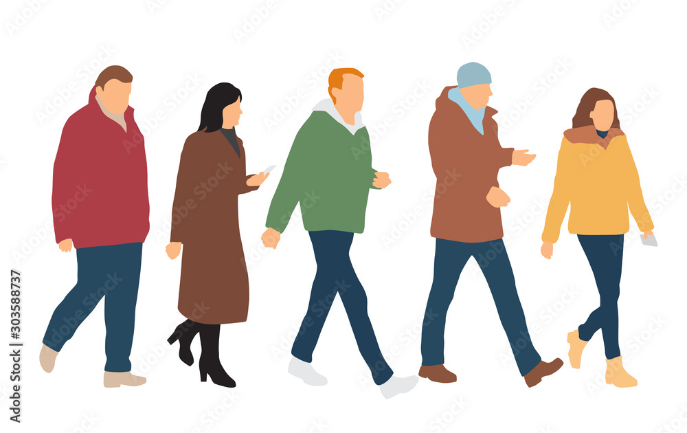 Obraz premium Silhouettes of men and women standing and walking, cartoon character, outerwear, group business people, vector illustration, flat designe icon, isolated on white background