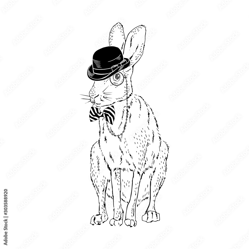 Forest hare wear bowler hat, tie bow, monocle. Bunny dressed up in vintage style. Realistic hand drawn vector illustration isolated on white. Forest hare wear bowler hat, tie bow, monocle. Bunny dressed up in vintage style. Realistic hand drawn vector illustration isolated on white.