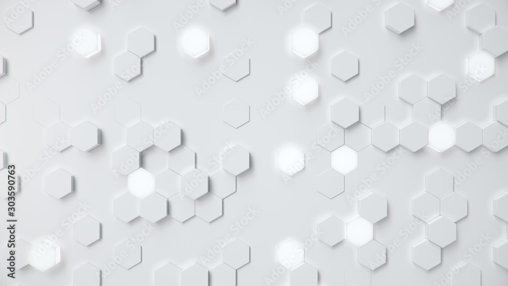 White geometric hexagonal abstract background. Surface polygon pattern with glowing hexagons, hexagonal honeycomb. Abstract white self-luminous hexagons. Futuristic abstract background 3D Illustration - obrazy, fototapety, plakaty 