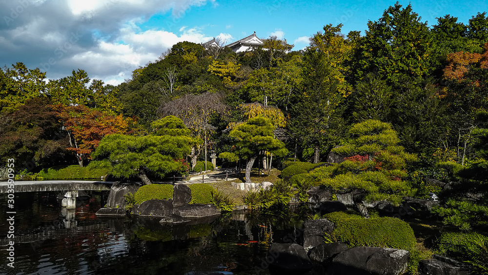Hyōgo Prefecture/Japan-November 14 2019 : Spectacular view of the changing color trees in Koko-en Japanese garden 