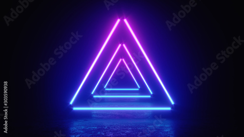 3d render illustration of glowing triangle lines  neon lights  abstract vintage background  ultraviolet  spectrum vibrant colors  laser show