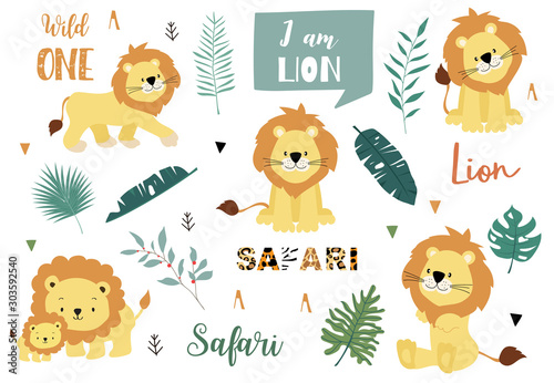 Cute animal object collection with lion and leaves.Vector illustration for icon,logo,sticker,printable.Include wording wild one
