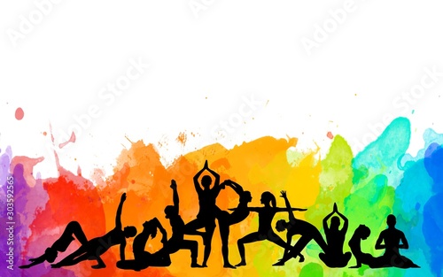 Detailed colorful silhouette yoga people illustration watercolor background. Fitness Concept. Gymnastics. Aerobics.