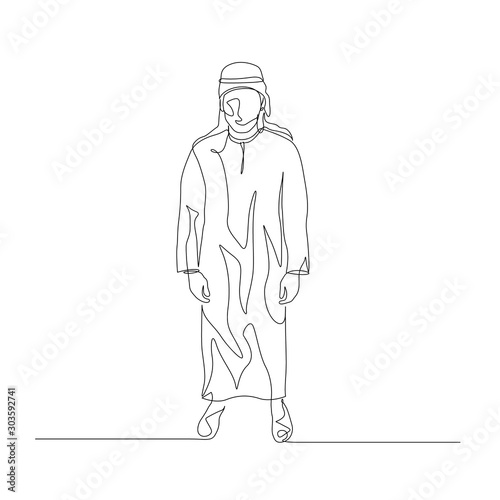Continuous one line man in arabic clothing. Vector stock illustration.