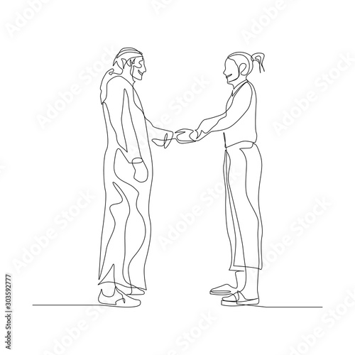Continuous one line man in arabic clothing shakes hands with a woman. Business concept. Vector stock illustration.
