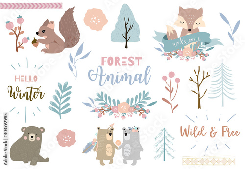 Winter set with bear,fox,squirrel illustration for sticker,postcard,background,christmas invitation
