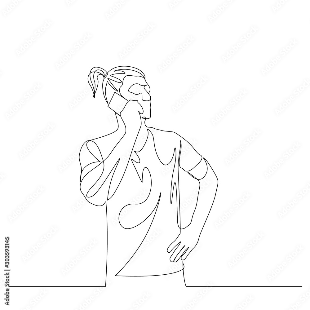 Continuous one line ponytail man talking on a smartphone. Vector stock illustration.