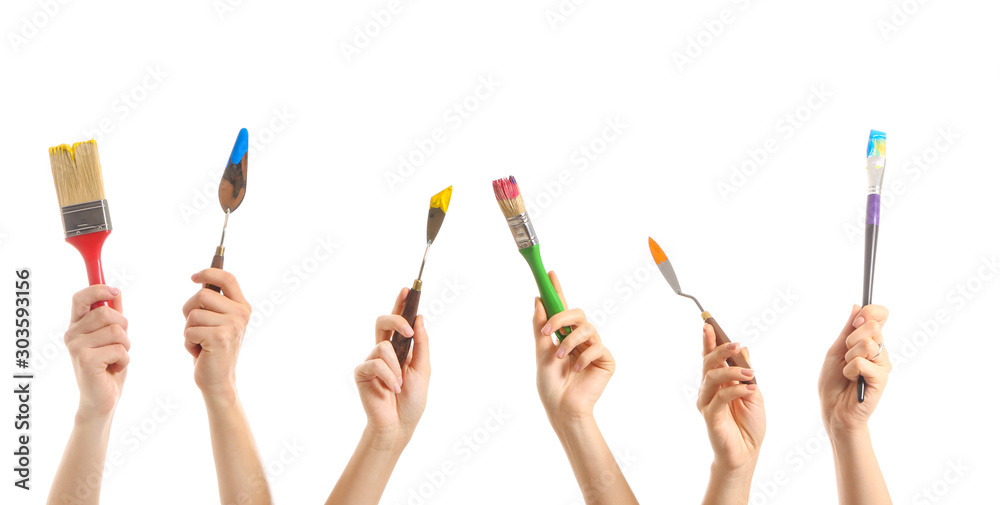 Female hands with painter's supplies on white background Stock Photo ...