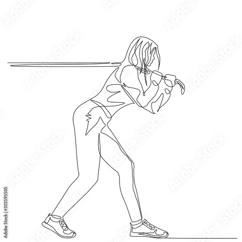 Continuous one line woman pulling a rope. Tug of war. Vector stock illustration.