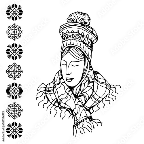 cute modest girl in national Scandinavian hat and plaid scarf with traditional snowflake pattern, vector illustration with black contour lines isolated on white background in hand drawn style