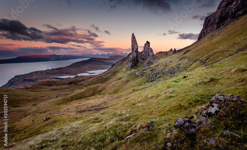 Old Man of Storr after sunset.Vibrant nature image.Tranquil scenery.Majestic view.Famous natural landmark on Isle of Skye, Scotland, UK.