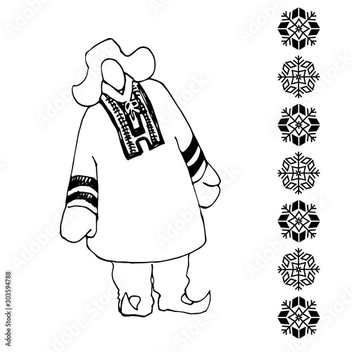 silhouette of a man in national Scandinavian fur clothing and traditional snowflake pattern, vector illustration with black contour lines isolated on white background in hand drawn style