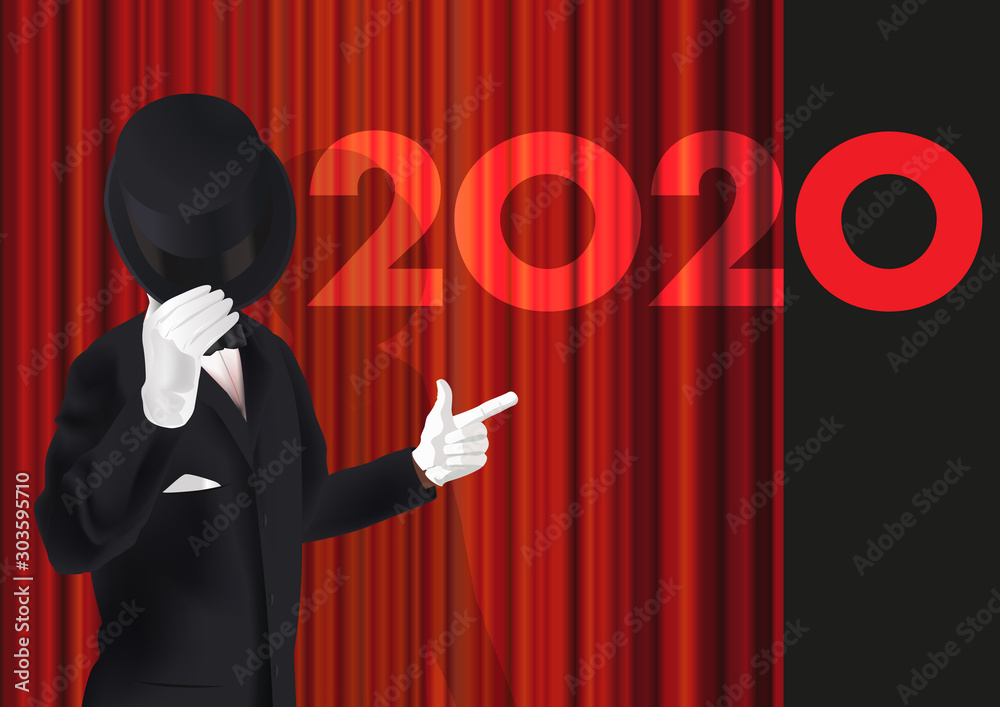 Φωτογραφία Carte de vœux 2020 avec un homme en costume qui présente la nouvelle année en ouvrant le rideau rouge sur une scène de spectacle