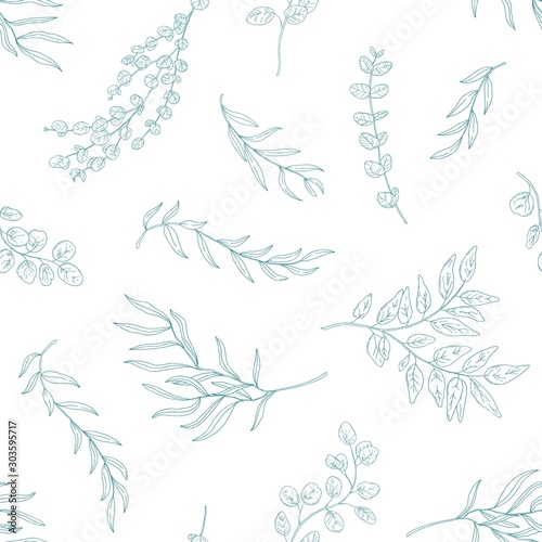 Eucalyptus leaves seamless pattern. Hand drawn plant branches and twigs. Flora, realistic foliage texture. Floral textile monochrome print. Botanical wallpaper, fabric, textile vector design.