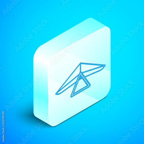 Isometric line Hang glider icon isolated on blue background. Extreme sport. Silver square button. Vector Illustration