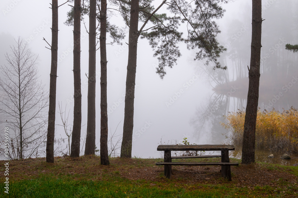 Picnic bench and table in a misty autumn park