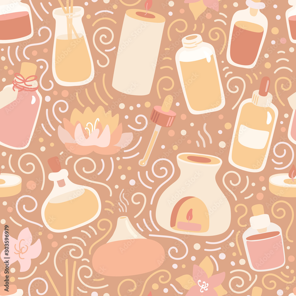 Vector seamless pattern Aromatherapy. Hand drawn doodle candles, aroma lamps and essential oil bottles on beige in modern flat style. Spa, wellness, Ayurveda and body care background design. Vector seamless pattern Aromatherapy. Hand drawn doodle candles, aroma lamps and essential oil bottles on beige in modern flat style. Spa, wellness, Ayurveda and body care background design.